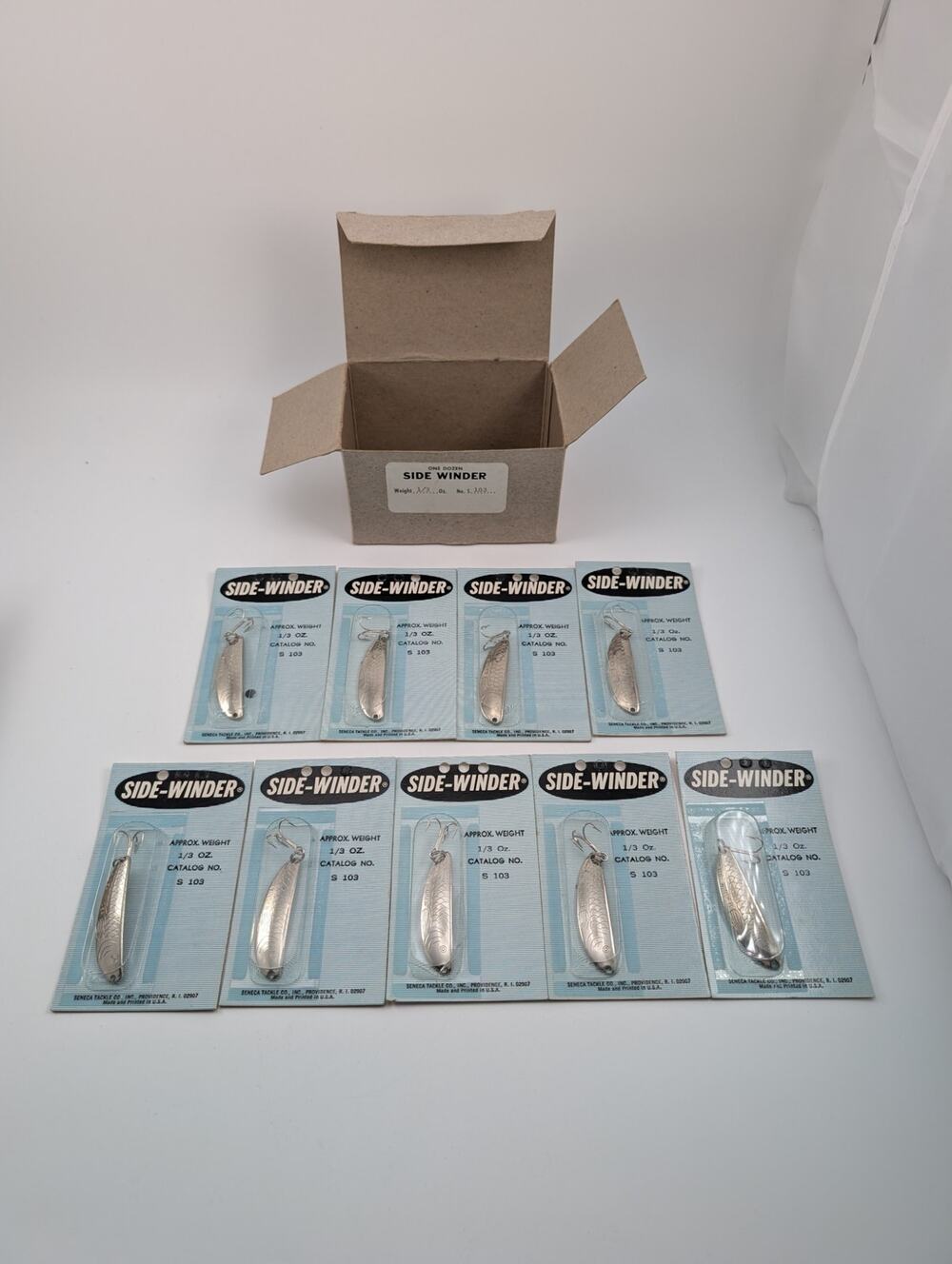 9 Vintage Seneca Tackle Co Side-Winder Spoon Lures on Display Card NOS - S 103 -